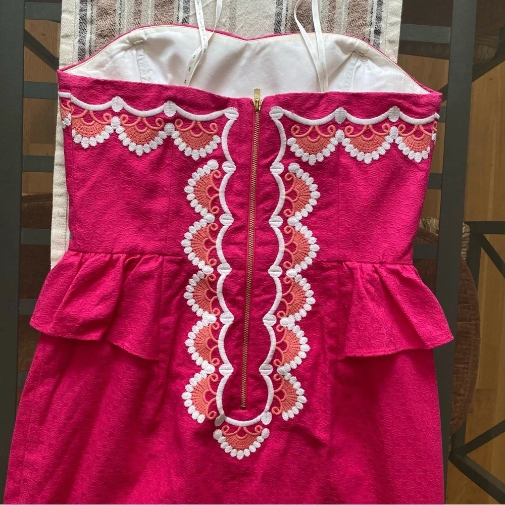 Lilly Pulitzer Azalea Pink Strapless Embroidered Peplum Maybell Dress 4 - Picture 8 of 16